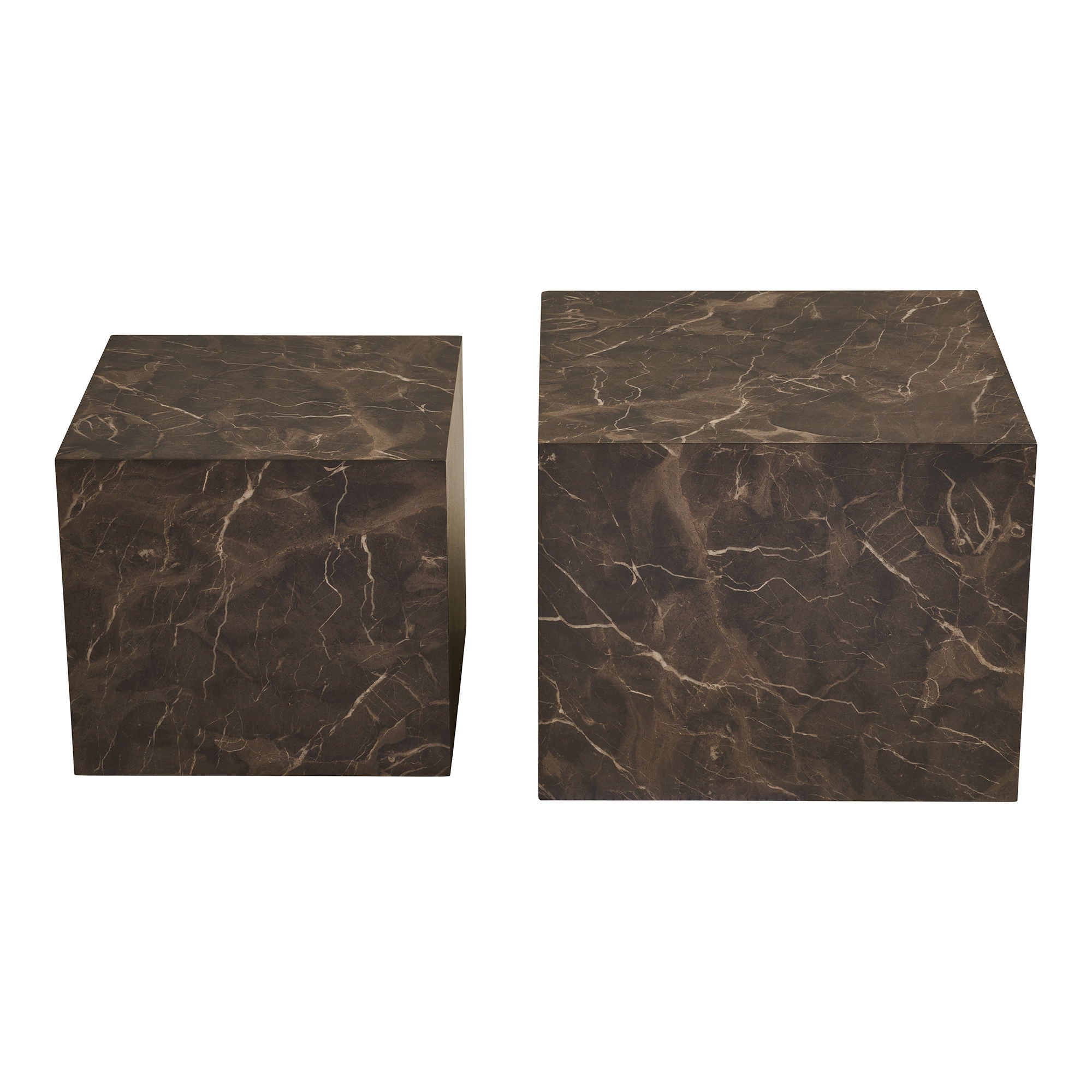 Vooraanzicht van House Nordic Prague salontafelset met twee vierkante tafels in bruin marmerlook en matte afwerking